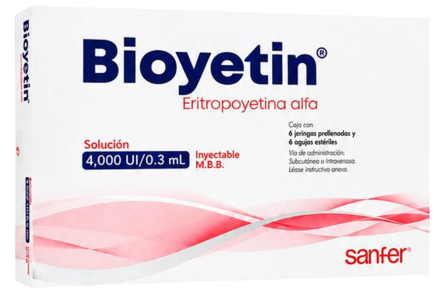 Bioyetin 4,000 UI / 0.3 mL  Caja con 6 jeringas prellenadas y 6 agujas estériles.