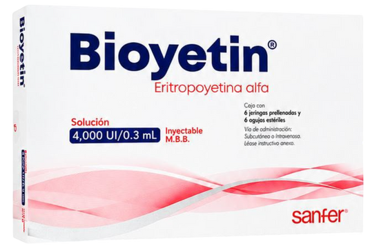Bioyetin 4,000 UI / 0.3 mL  Caja con 6 jeringas prellenadas y 6 agujas estériles.
